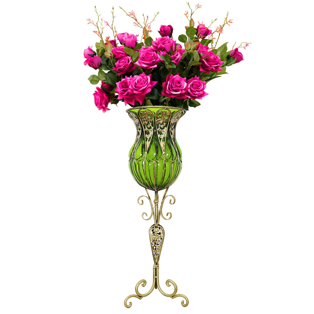 SOGA 85cm Green Glass Tall Floor Vase and 12pcs Dark Pink Artificial Fake Flower Set • LUZ-Vase3019GreenwRedF12