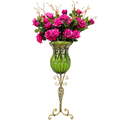 SOGA 85cm Green Glass Tall Floor Vase and 12pcs Dark Pink Artificial Fake Flower Set • LUZ-Vase3019GreenwRedF12
