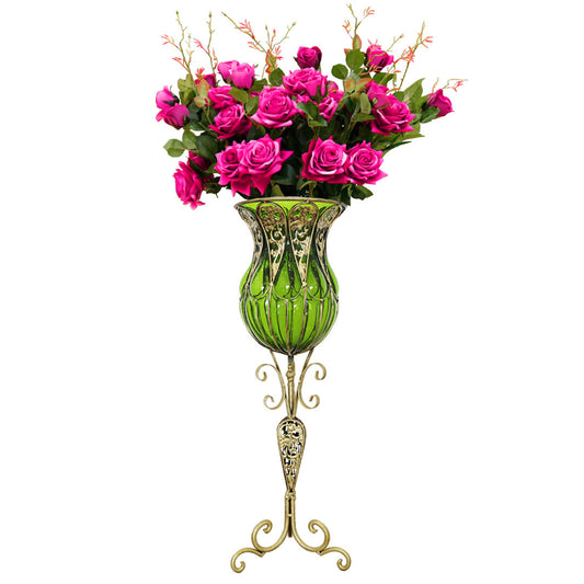 SOGA 85cm Green Glass Tall Floor Vase and 12pcs Dark Pink Artificial Fake Flower Set • LUZ-Vase3019GreenwRedF12
