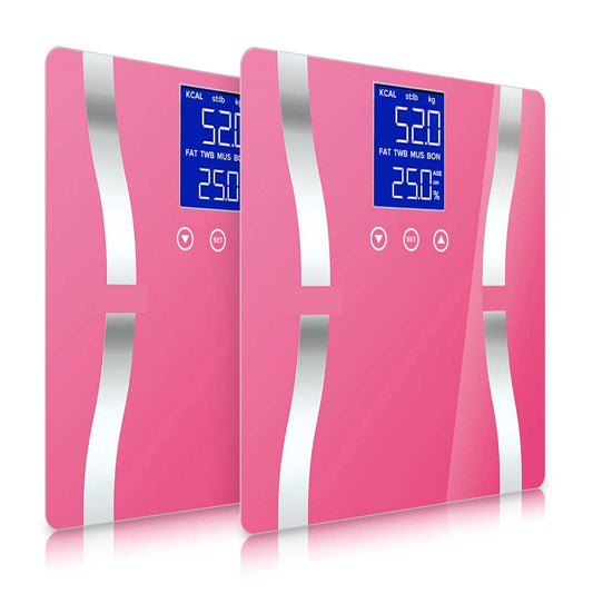SOGA 2X Glass LCD Digital Body Fat Scale Bathroom Electronic Gym Water Weighing Scales Pink • LUZ-BodyFatScalePinkX2