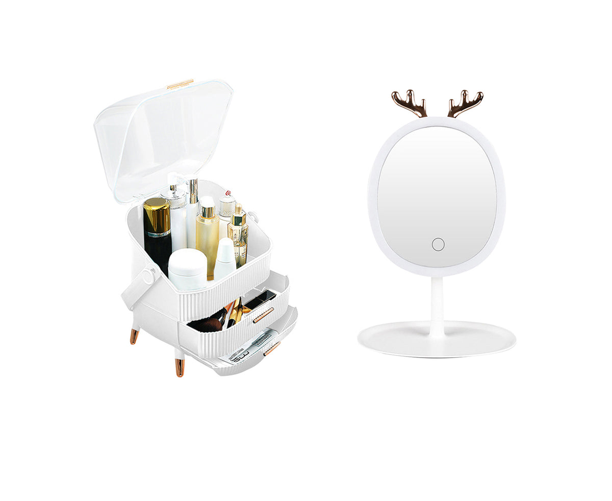 SOGA White Cosmetic Jewelry Storage Organiser with Antler LED Light Mirror Tabletop Vanity Set • LUZ-BathC109-G533