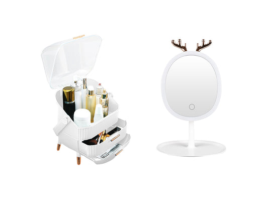 SOGA White Cosmetic Jewelry Storage Organiser with Antler LED Light Mirror Tabletop Vanity Set • LUZ-BathC109-G533