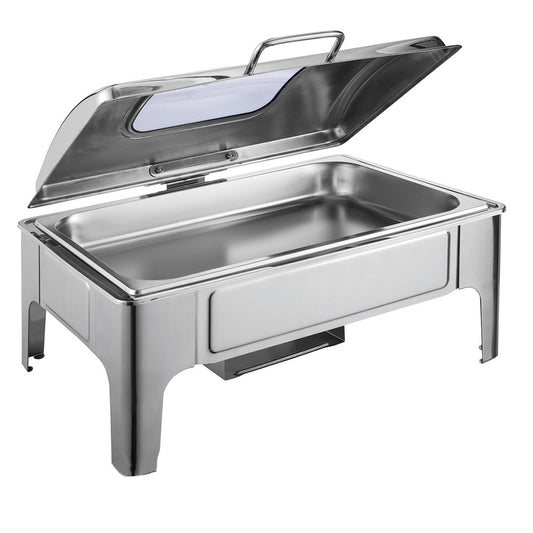 SOGA 9L Rectangular Stainless Steel Soup Warmer Roll Top Chafer Chafing Dish Set with Glass Visual Window Lid • LUZ-ChafingDish0323