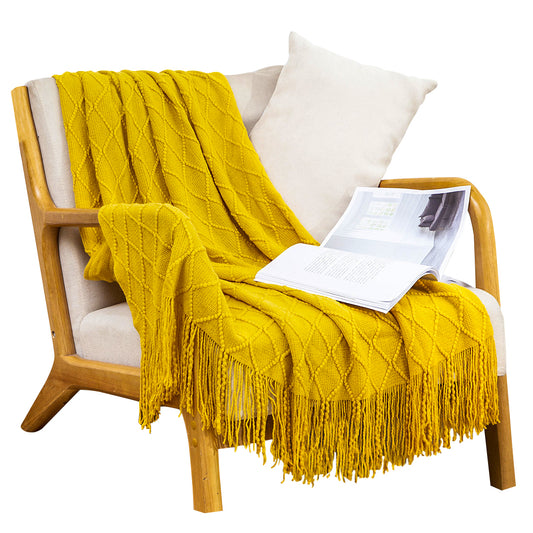 SOGA Yellow Diamond Pattern Knitted Throw Blanket Warm Cozy Woven Cover Couch Bed Sofa Home Decor with Tassels • LUZ-Blanket901