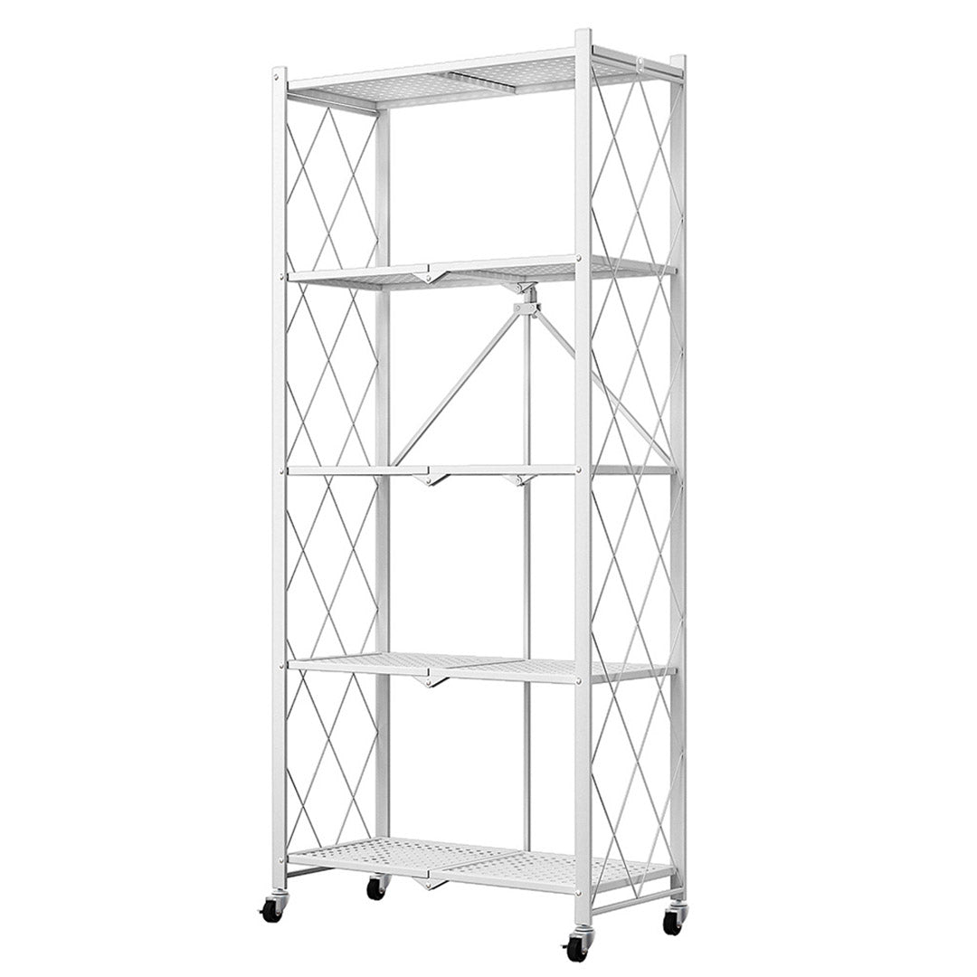SOGA 5 Tier Steel White Foldable Kitchen Cart Multi-Functional Shelves Portable Storage Organizer with Wheels • LUZ-KitchenXY003WHT