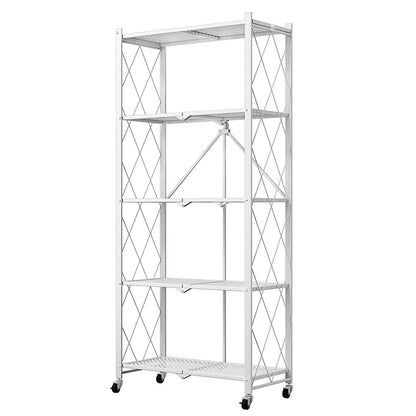 SOGA 5 Tier Steel White Foldable Kitchen Cart Multi-Functional Shelves Portable Storage Organizer with Wheels • LUZ-KitchenXY003WHT