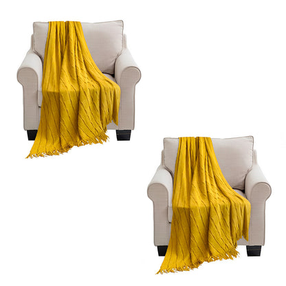 SOGA 2X Mustard Textured Knitted Throw Blanket Warm Cozy Woven Cover Couch Bed Sofa Home Decor with Tassels • LUZ-Blanket925X2