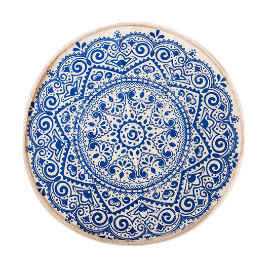 SOGA Blue Carpet Soft Linen Bohemian Non-Slip Floor Retro Minimalist Round Rug Home Decor with Tassels • LUZ-CarpetRAG3