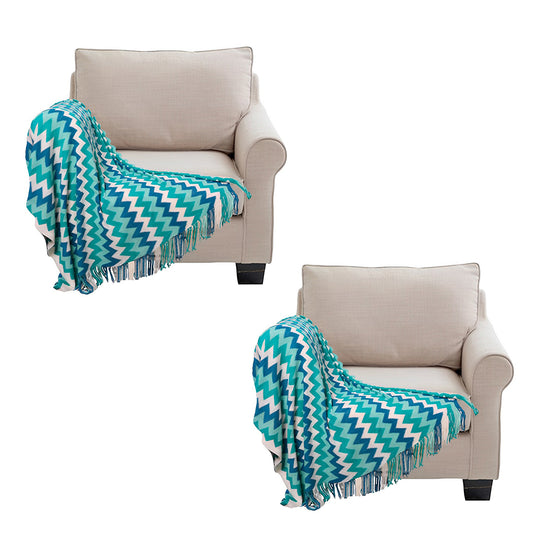 SOGA 2X 170cm Blue Zigzag Striped Throw Blanket Acrylic Wave Knitted Fringed Woven Cover Couch Bed Sofa Home Decor • LUZ-Blanket919X2
