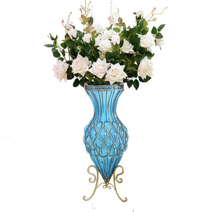 SOGA 67cm Blue Glass Tall Floor Vase and 12pcs White Artificial Fake Flower Set • LUZ-Vase0053BluewWhiteF12