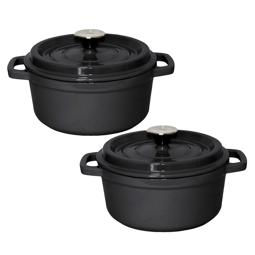 SOGA 2X Cast Iron 24cm Stewpot Casserole Stew Cooking Pot With Lid Black • LUZ-StewPot24cmBlackX2