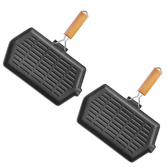 SOGA 2X Rectangular Cast Iron Griddle Grill Frying Pan with Folding Wooden Handle • LUZ-ZPai047X2