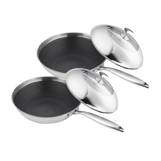SOGA 2X 18/10 Stainless Steel Fry Pan 30cm Frying Pan Top Grade Cooking Non Stick Interior Skillet with Lid • LUZ-TRIFPR30X2