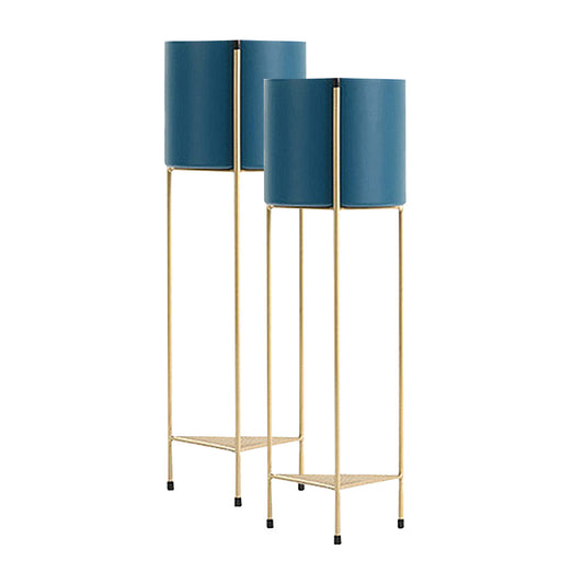 SOGA 2X 2 Layer 65cm Gold Metal Plant Stand with Blue Flower Pot Holder Corner Shelving Rack Indoor Display • LUZ-FPotH65BLUX2