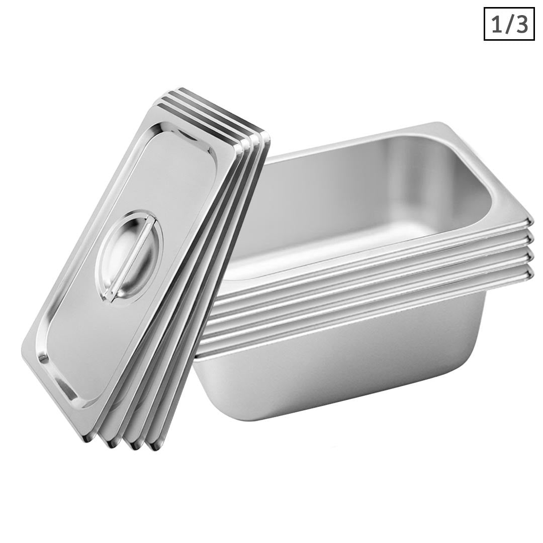 SOGA 4X Gastronorm GN Pan Full Size 1/3 GN Pan 10cm Deep Stainless Steel Tray With Lid • LUZ-GP5416wLidX4