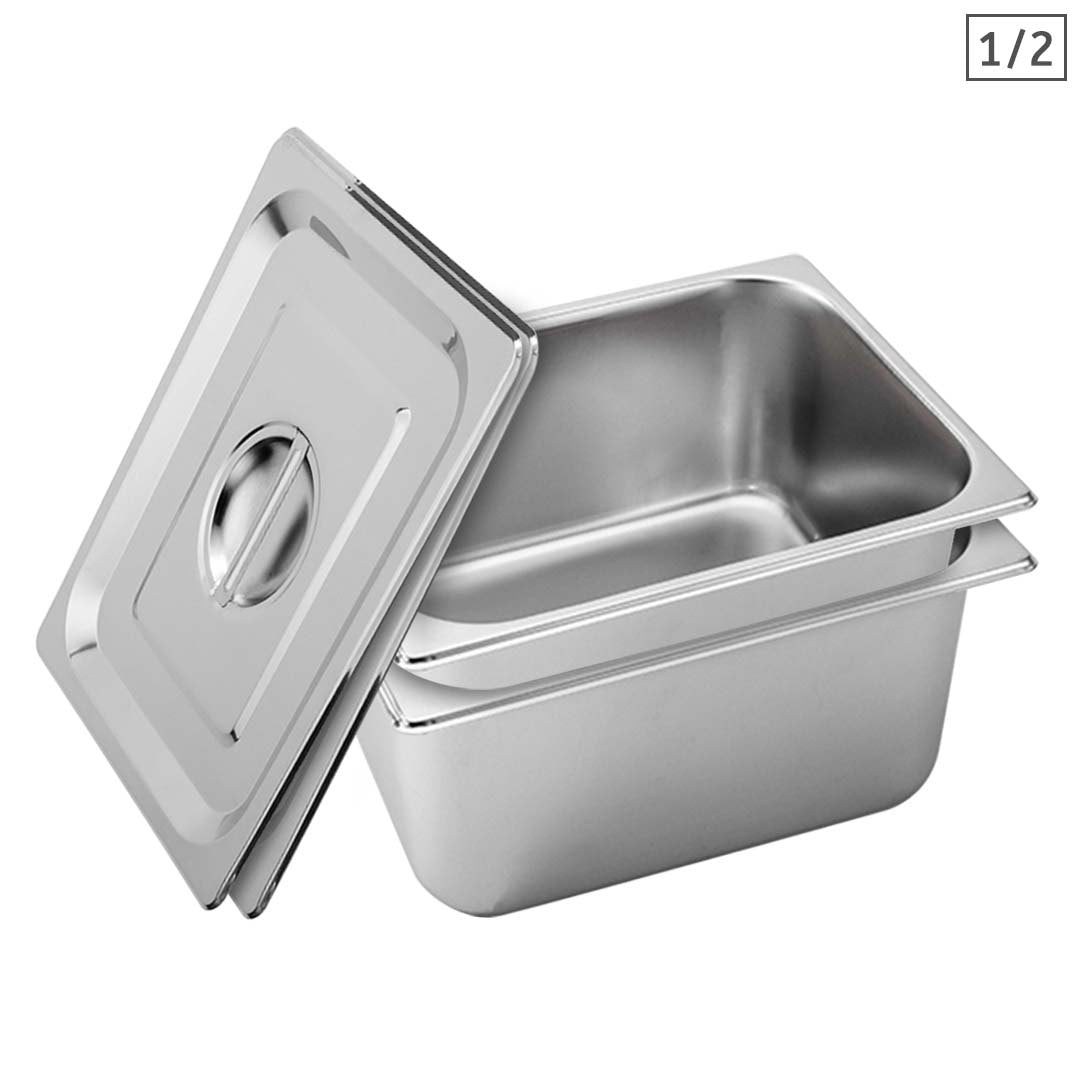 SOGA 2X Gastronorm GN Pan Full Size 1/2 GN Pan 20cm Deep Stainless Steel Tray With Lid • LUZ-GP5412wLidX2
