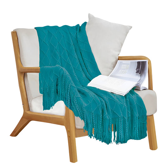 SOGA Teal Diamond Pattern Knitted Throw Blanket Warm Cozy Woven Cover Couch Bed Sofa Home Decor with Tassels • LUZ-Blanket923