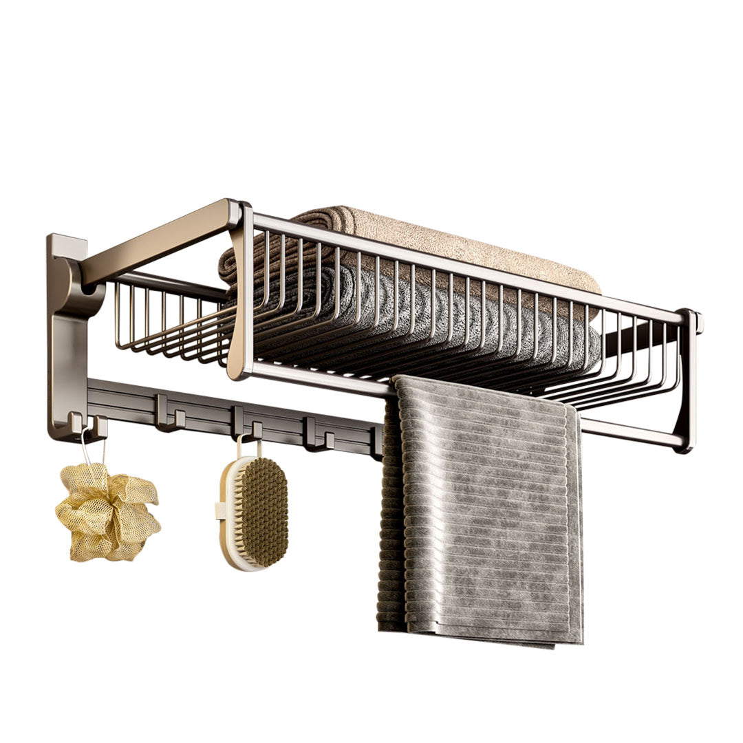 SOGA 61cm Gray Wall-Mounted Double Pole Towel Holder Bathroom Organiser Rail Hanger with Hooks • LUZ-TAN1016