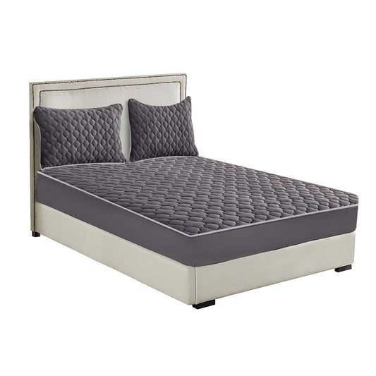 SOGA Grey 138cm Wide Mattress Cover Thick Quilted Fleece Stretchable Clover Design Bed Spread Sheet Protector with Pillow Covers • LUZ-BCover7001