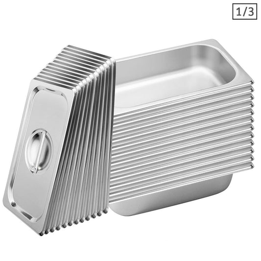 SOGA 12X Gastronorm GN Pan Full Size 1/3 GN Pan 6.5 cm Deep Stainless Steel Tray With Lid • LUZ-GP5415wLidX12