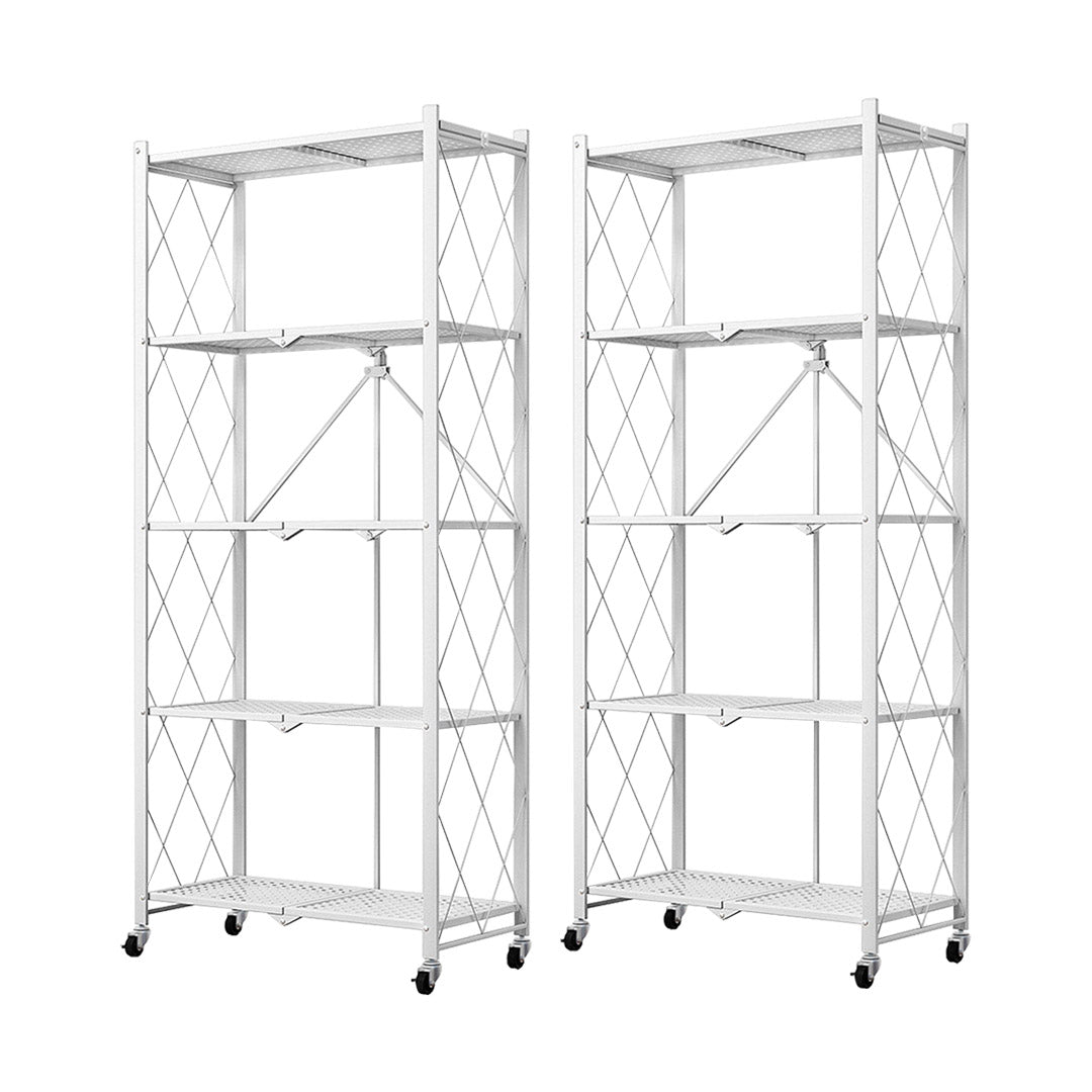 SOGA 2X 5 Tier Steel White Foldable Kitchen Cart Multi-Functional Shelves Portable Storage Organizer with Wheels • LUZ-KitchenXY003WHTX2
