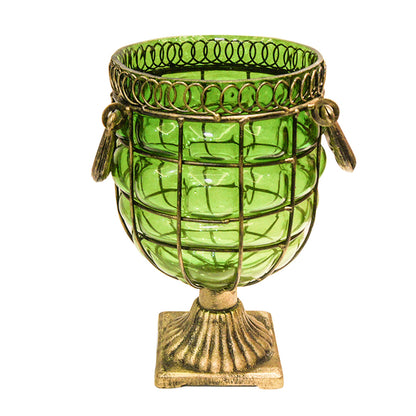 SOGA Green Colored European Glass Jar Flower Vase Solid Base with Metal Handle • LUZ-HO-VaseYG8045G