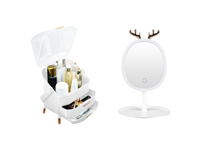 SOGA White Cosmetic Jewelry Storage Organiser with Antler LED Light Mirror Tabletop Vanity Set LUZ-BathC109-G533