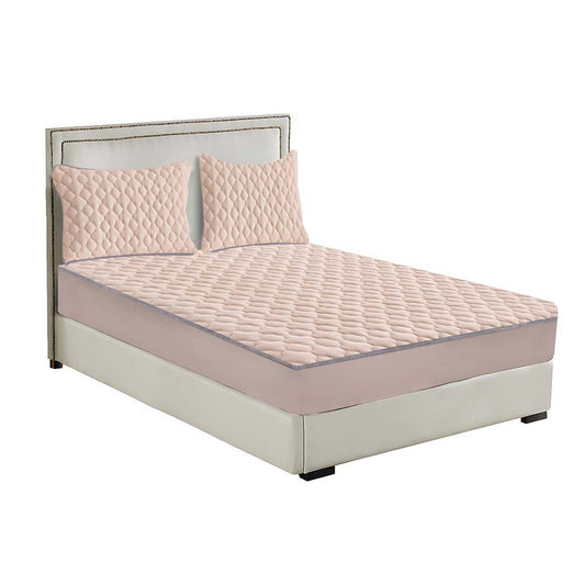 BCover70SOGA Beige 153cm Wide Mattress Cover Thick Quilted Fleece Stretchable Clover Design Bed Spread Sheet Protector with Pillow Covers05 • LUZ-BCover7005