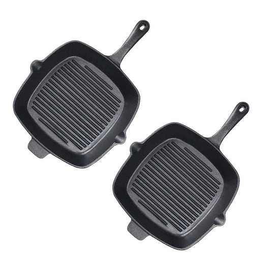 SOGA 2X 26cm Square Ribbed Cast Iron Frying Pan Skillet Steak Sizzle Platter with Handle • LUZ-ZPai023X2