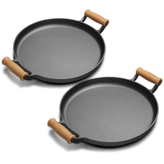 SOGA 2X 35cm Cast Iron Frying Pan Skillet Steak Sizzle Fry Platter With Wooden Handle No Lid • LUZ-ZPaiB8X2