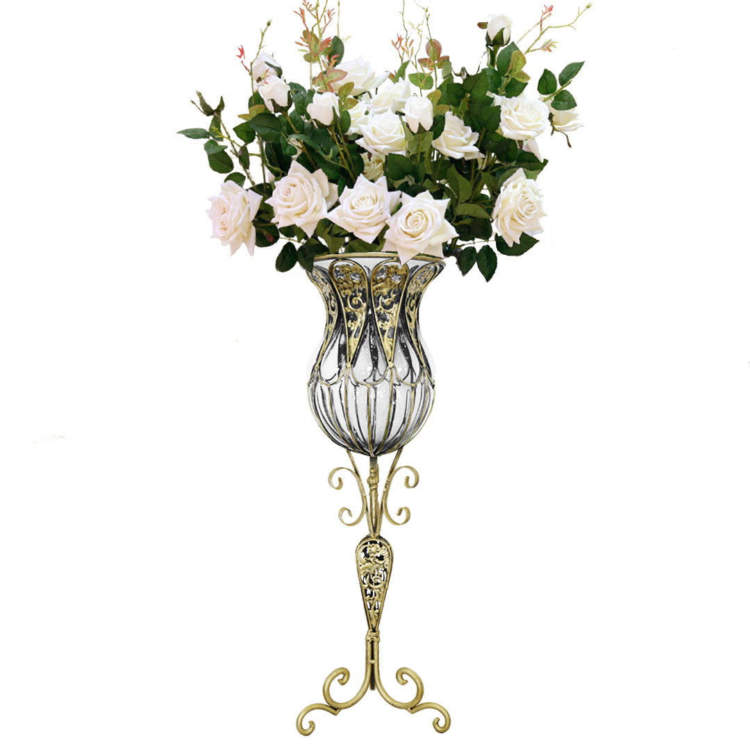 SOGA 85cm Clear Glass Tall Floor Vase with 12pcs White Artificial Fake Flower Set • LUZ-Vase3019ClearwWhiteF12
