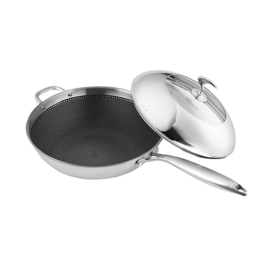 SOGA 18/10 Stainless Steel Fry Pan 32cm Frying Pan Top Grade Non Stick Interior Skillet with Helper Handle and Lid • LUZ-TRIFPT32
