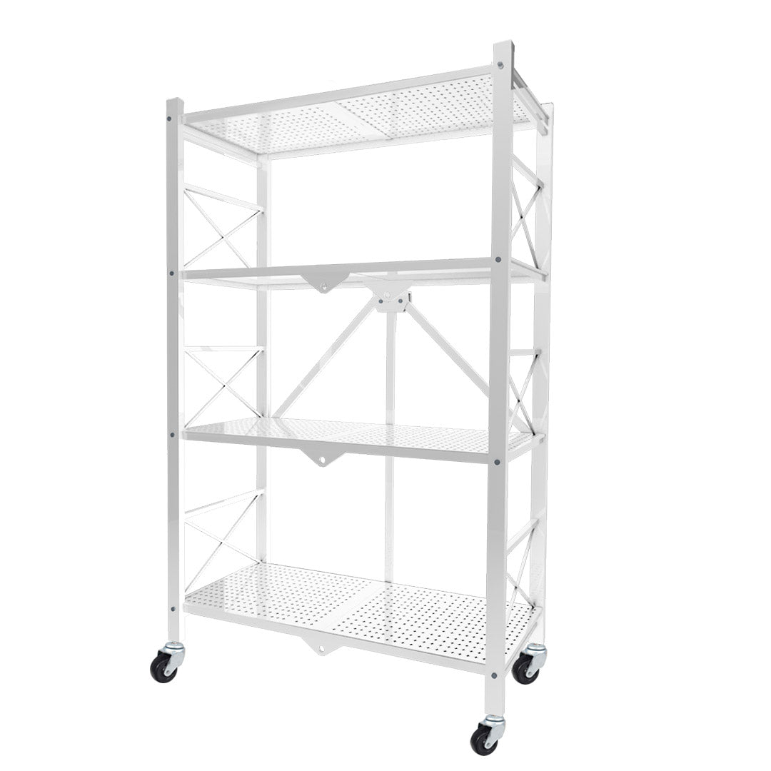 SOGA 4 Tier Steel White Foldable Display Stand Multi-Functional Shelves Portable Storage Organizer with Wheels • LUZ-KitchenXY029