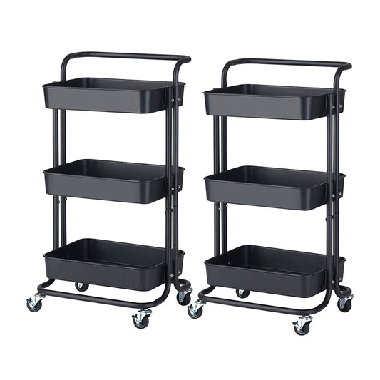 SOGA 2X 3 Tier Steel Black Movable Kitchen Cart Multi-Functional Shelves Portable Storage Organizer with Wheels • LUZ-KitchenXY004X2