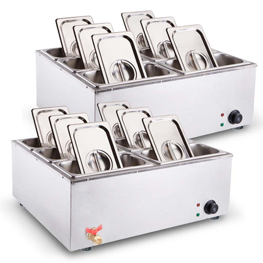 SOGA 2X Stainless Steel 6 X 1/3 GN Pan Electric Bain-Marie Food Warmer with Lid • LUZ-FoodWarmer743X2