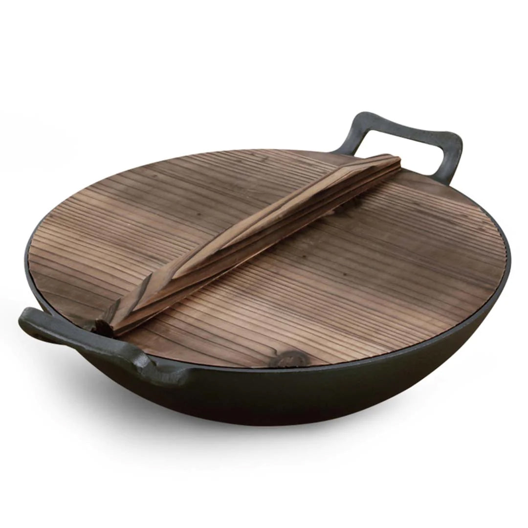 SOGA 36CM Commercial Cast Iron Wok FryPan with Wooden Lid Fry Pan • LUZ-ZPaiB1