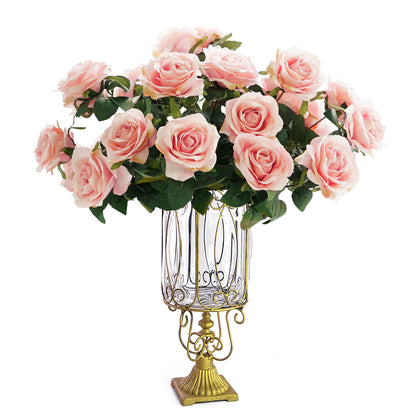 SOGA Clear Glass Cylinder Flower Vase with 4 Bunch 9 Heads Artificial Fake Silk Rose Home Decor Set • LUZ-YG3015-F001