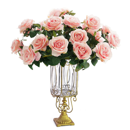 SOGA Clear Glass Cylinder Flower Vase with 4 Bunch 9 Heads Artificial Fake Silk Rose Home Decor Set • LUZ-YG3015-F001