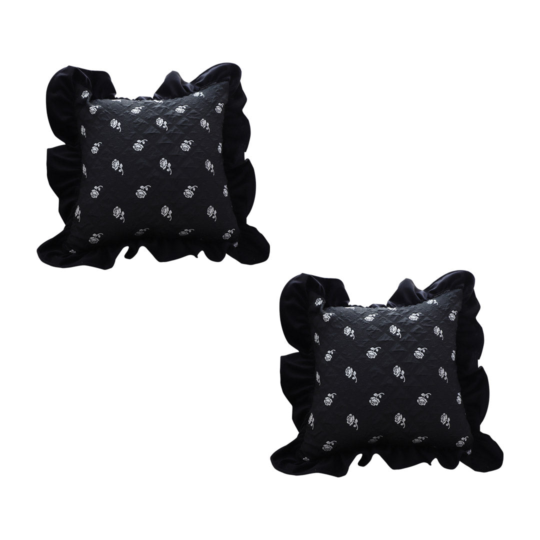 SOGA 2X 45cm Throw Pillow Black Ruffled Square Decorative Cushion for Rose Lovers Cozy Home Decor • LUZ-FrenchCushion307X2