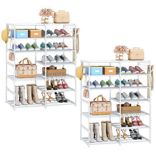SOGA 2X 12-Shelf Tier Shoe Storage Shelf Space-Saving Caddy Rack Organiser with Side Hooks White • LUZ-Rack0002X2