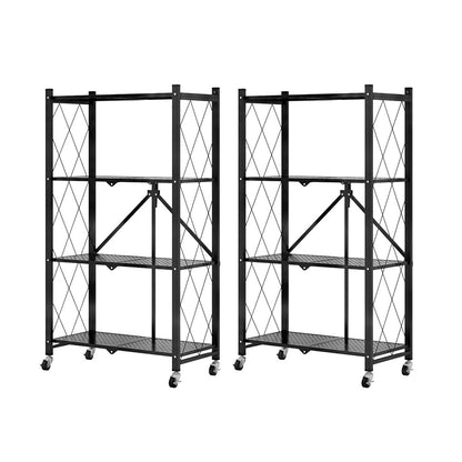 SOGA 2X 4 Tier Steel Black Foldable Kitchen Cart Multi-Functional Shelves Portable Storage Organizer with Wheels • LUZ-KitchenXY002X2