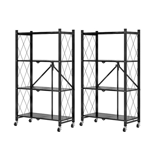 SOGA 2X 4 Tier Steel Black Foldable Kitchen Cart Multi-Functional Shelves Portable Storage Organizer with Wheels • LUZ-KitchenXY002X2