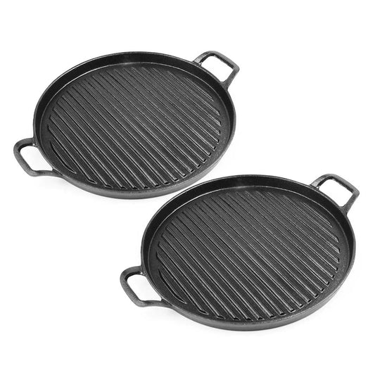 SOGA 2X 30cm Ribbed Cast Iron Frying Pan Skillet Coating Steak Sizzle Platter • LUZ-ZPaiB7X2