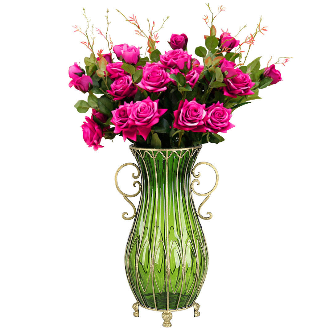 SOGA 51cm Green Glass Tall Floor Vase with 12pcs Artificial Fake Flower Set • LUZ-Vase4880GreenwRedF12