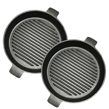 SOGA 2X 26cm Round Ribbed Cast Iron Frying Pan Skillet Steak Sizzle Platter with Handle • LUZ-ZPai001BX2