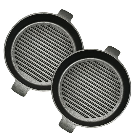 SOGA 2X 26cm Round Ribbed Cast Iron Frying Pan Skillet Steak Sizzle Platter with Handle • LUZ-ZPai001BX2