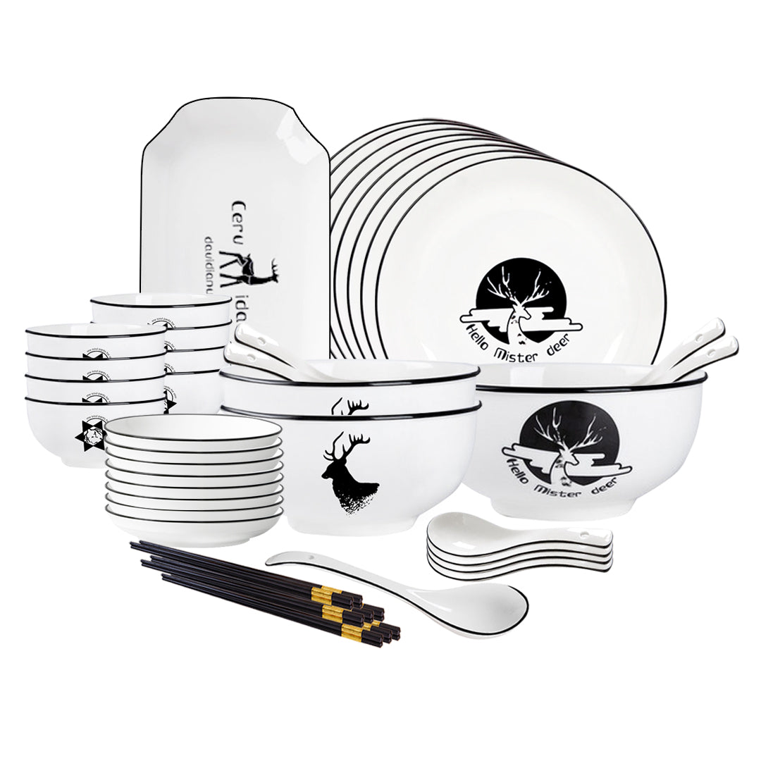 SOGA White Antler Printed Ceramic Dinnerware Set Crockery Soup Bowl Plate Server Kitchen Home Decor Set of 28 • LUZ-BowlG776