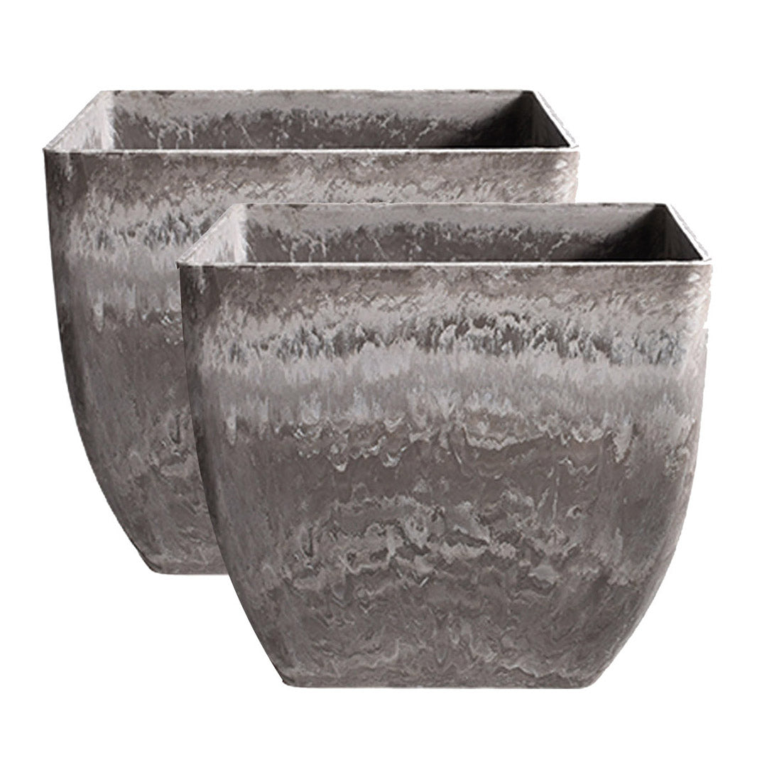 SOGA 2X 27cm Rock Grey Square Resin Plant Flower Pot in Cement Pattern Planter Cachepot for Indoor Home Office • LUZ-FPotF2711X2