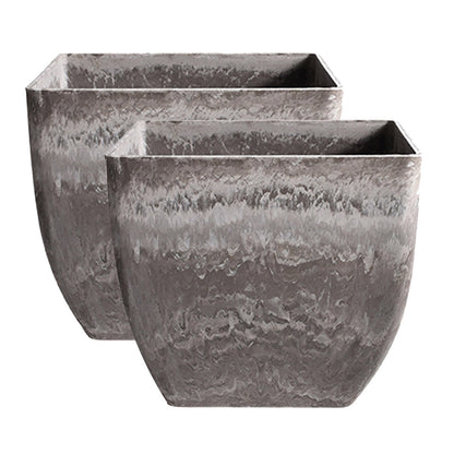 SOGA 2X 27cm Rock Grey Square Resin Plant Flower Pot in Cement Pattern Planter Cachepot for Indoor Home Office • LUZ-FPotF2711X2