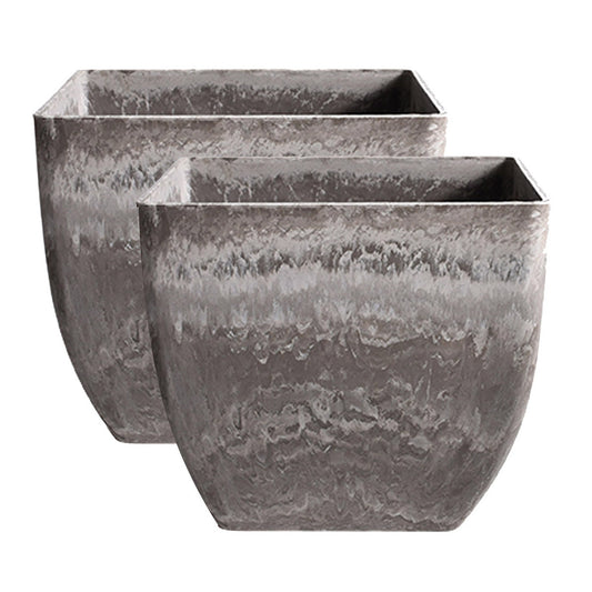 SOGA 2X 27cm Rock Grey Square Resin Plant Flower Pot in Cement Pattern Planter Cachepot for Indoor Home Office • LUZ-FPotF2711X2